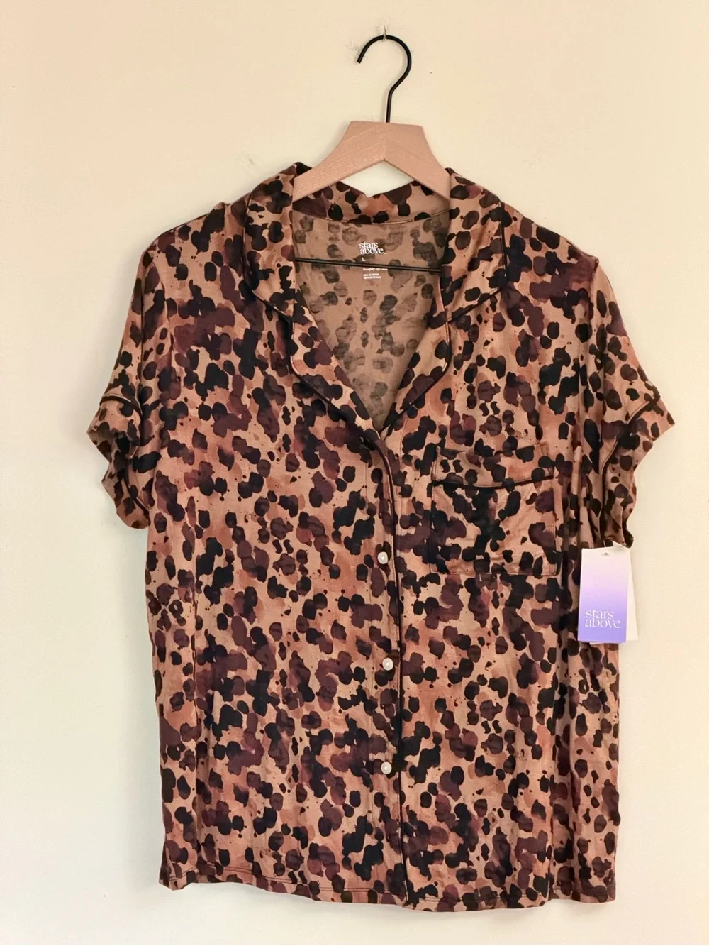 Stars Above Brown 2-Piece Short Sleeve & Shorts PJ Set, Leopard Print, Large